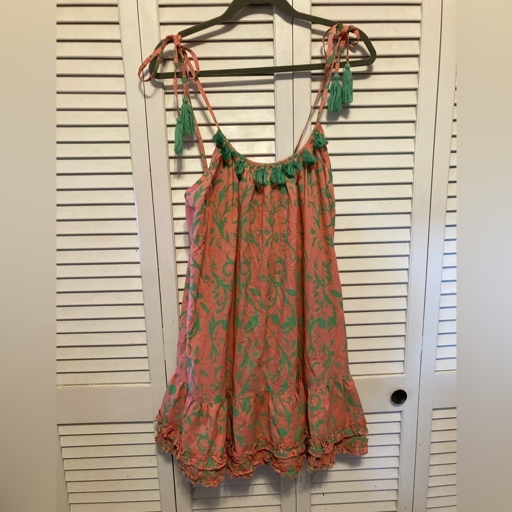 NWT Modaposa Pink And Green Tassel Mini Ruffle Dress Size Large